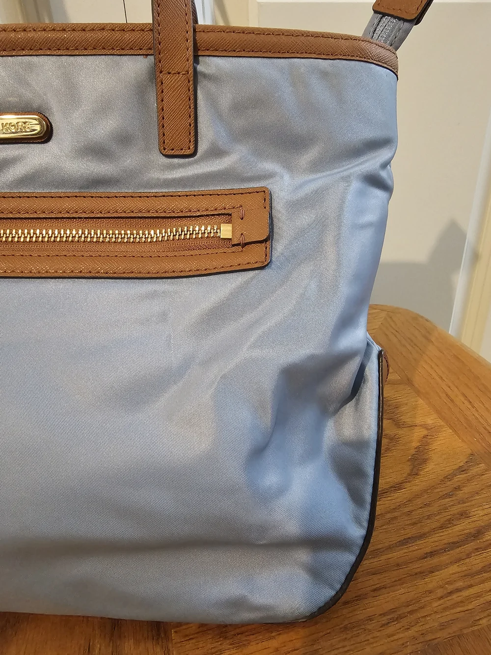 Michael Kors Light Blue Nylon Tote with Brown Leather Trim